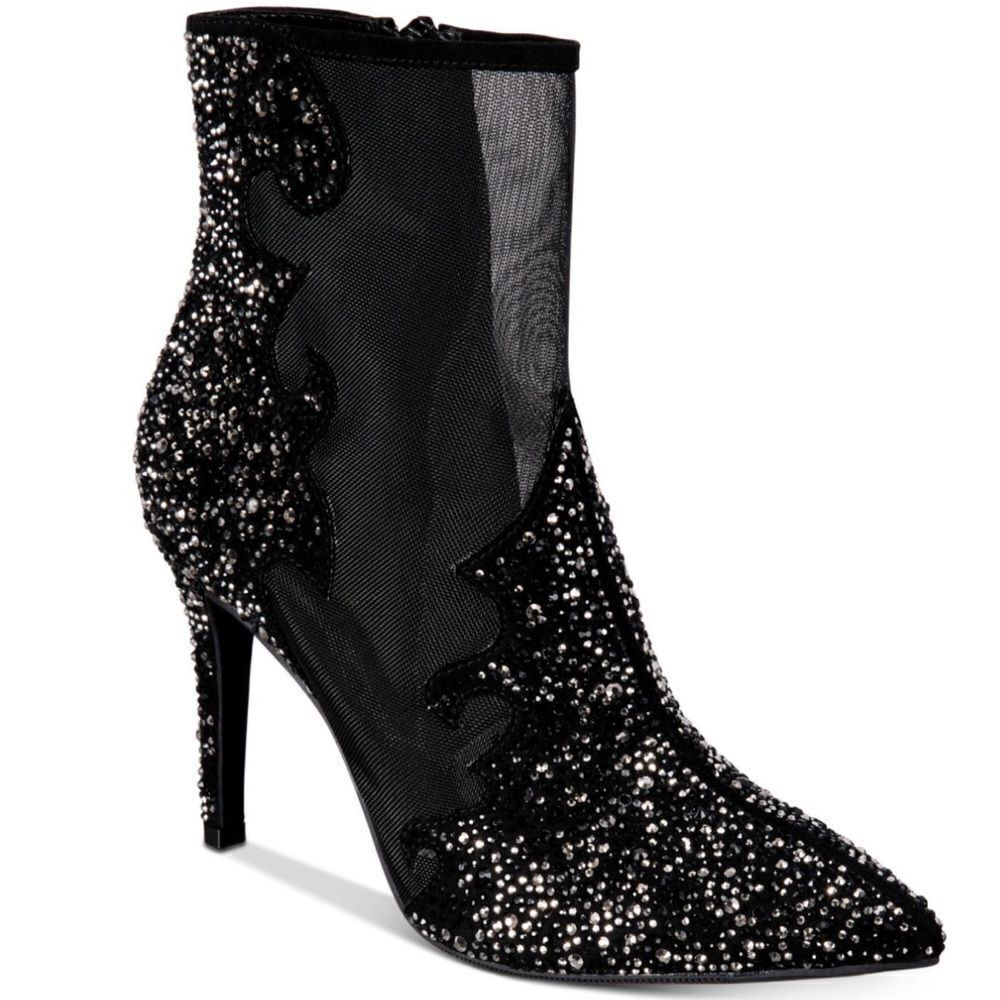 Express Black Sheer Mesh Panels Rhinestone Pointed Toe Stiletto Zip-Up Size 10